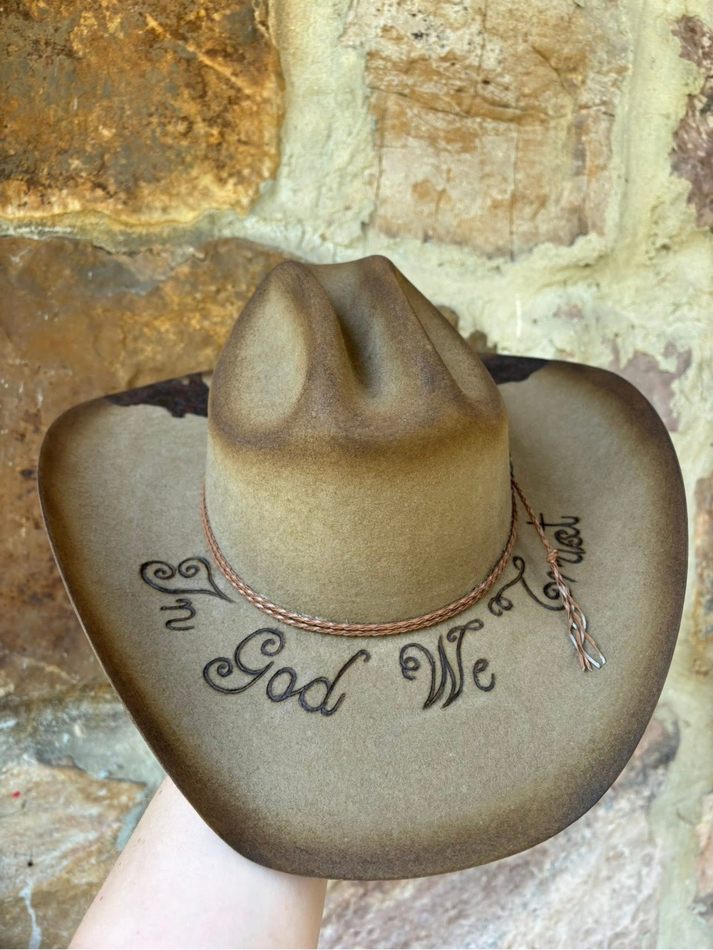 New 2x Justin “We Ride in Faith” Hand burned hat Sz 7 1/4